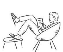 Drawing of a man lounging in a chair reading a book with his leg on a stool.