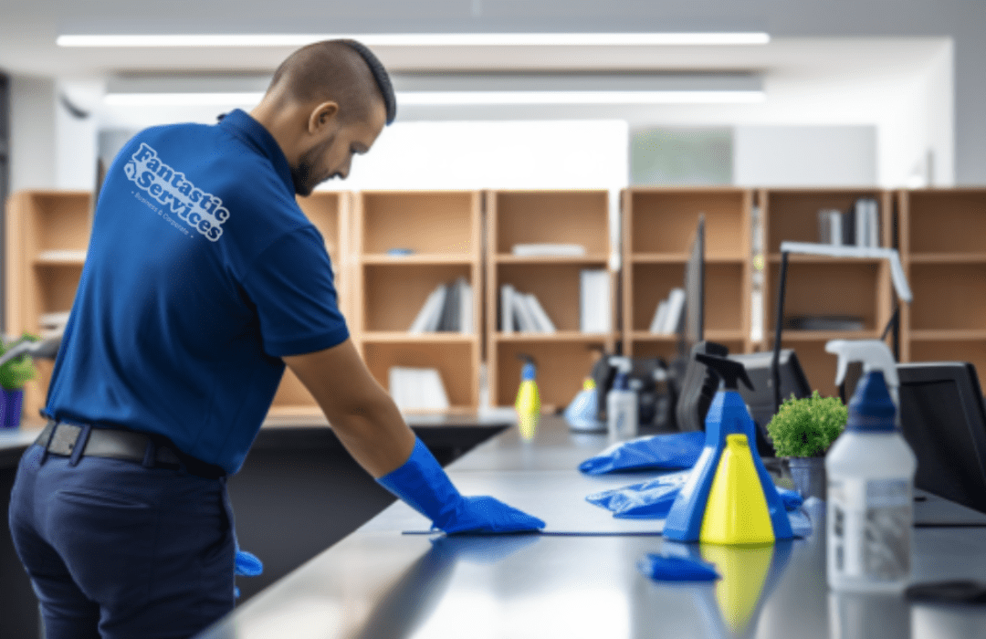 Cleaner wear a blue Fantastic Services shirt and blue gloves cleaning the office