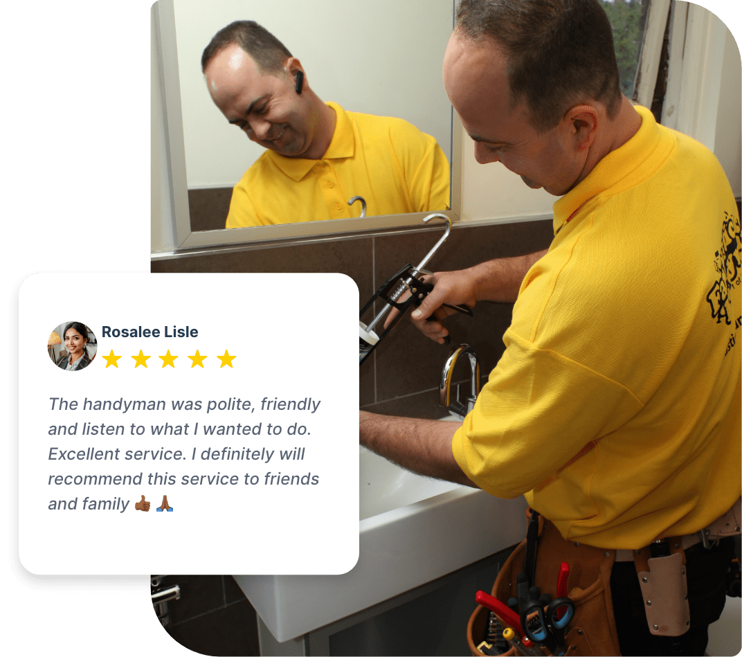 Picture showing professional handyman re-sealing a sink, with a positive review displayed on the left side.
