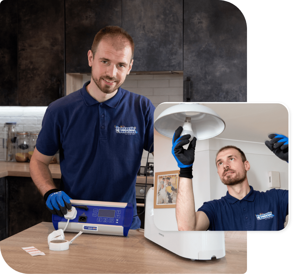 handyman-electrician-d Collage of 2 photos showing a certified electrician during electrical services.