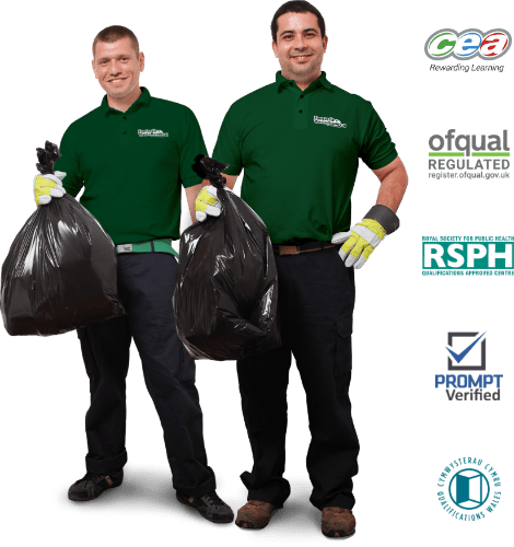 Picture showing two waste removal professionals in green uniforms holding black trash bags, with certification logos on the right side.