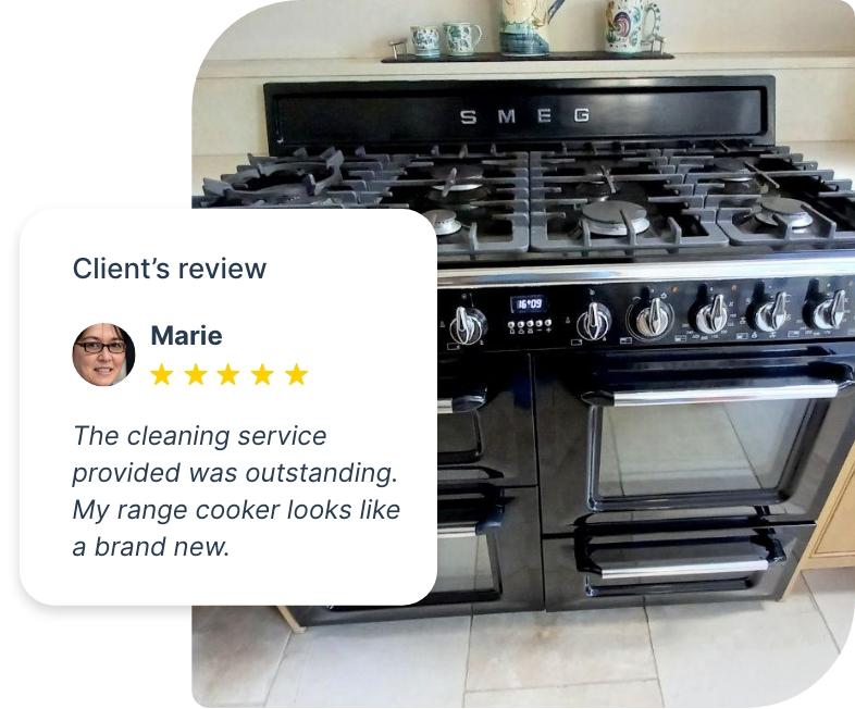 The image shows a front photo of a black Smeg range cooker that appears perfectly clean and shiny.