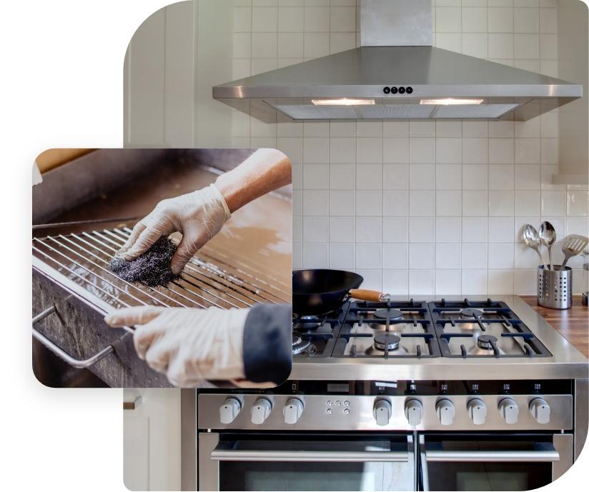 The image shows a chrome range cooker with a chrome hood in a domestic kitchen that has been professionally cleaned and polished.