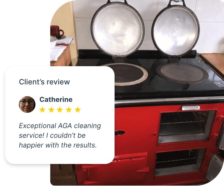 The image shows a red AGA kitchen range that has been professionally cleaned to perfection by Fantastic Services.
