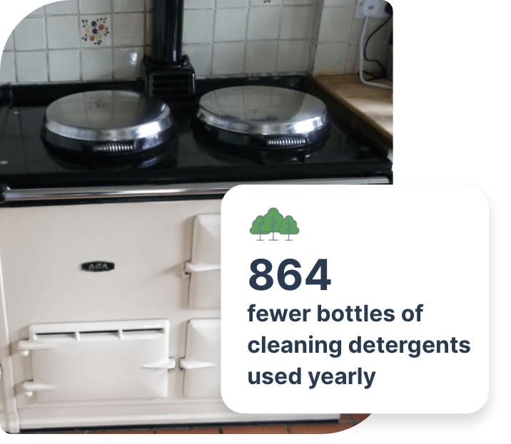 The image shows a white AGA kitchen range that has been cleaned with eco-friendly cleaning methods.