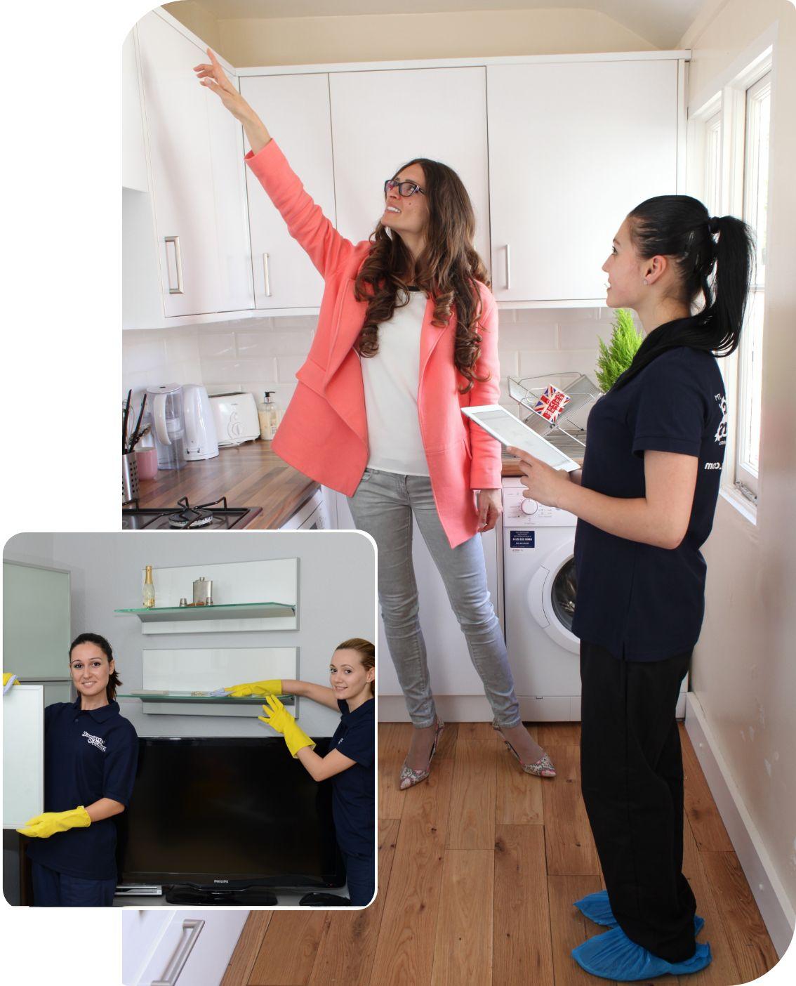 Two women cleaning and inspecting a kitchen area.