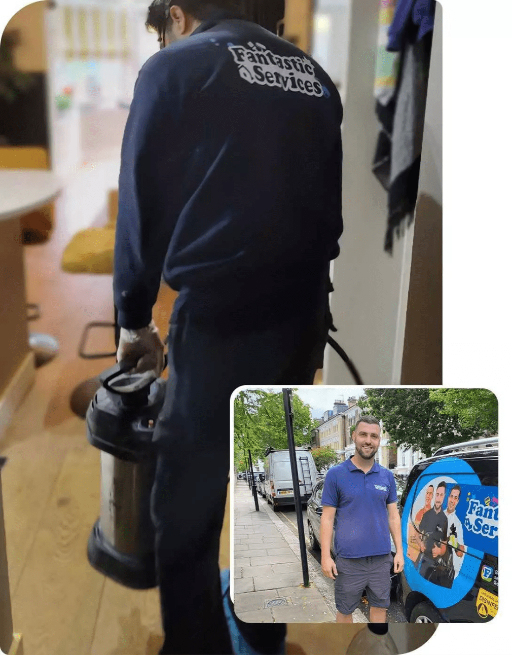 A collage of two pictures: the first photo shows a pest control specialist in uniform carrying equipment indoors, and the second shows an exterminator next to a van with the logo of Fantastic Services.