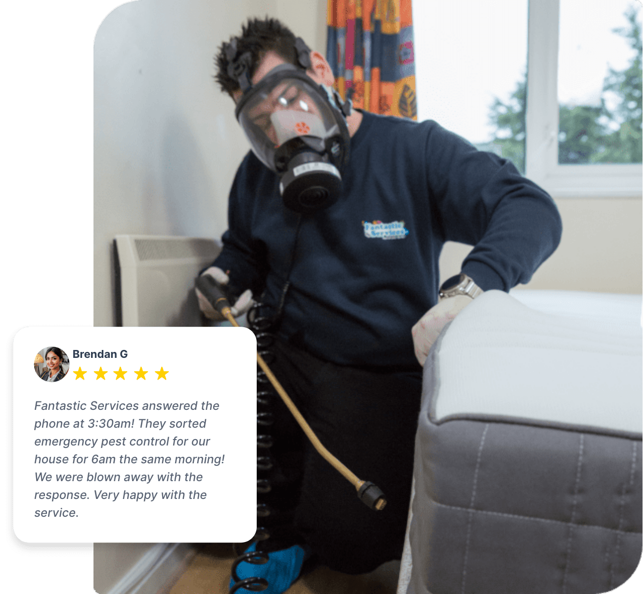 A collage showing an exterminator during pest treatment and positive service review on the left side.