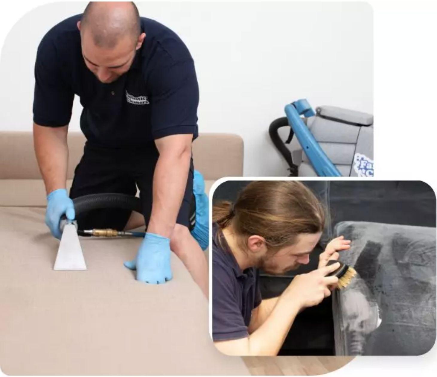 Collage of 2 pictures showing upholstery cleaning service