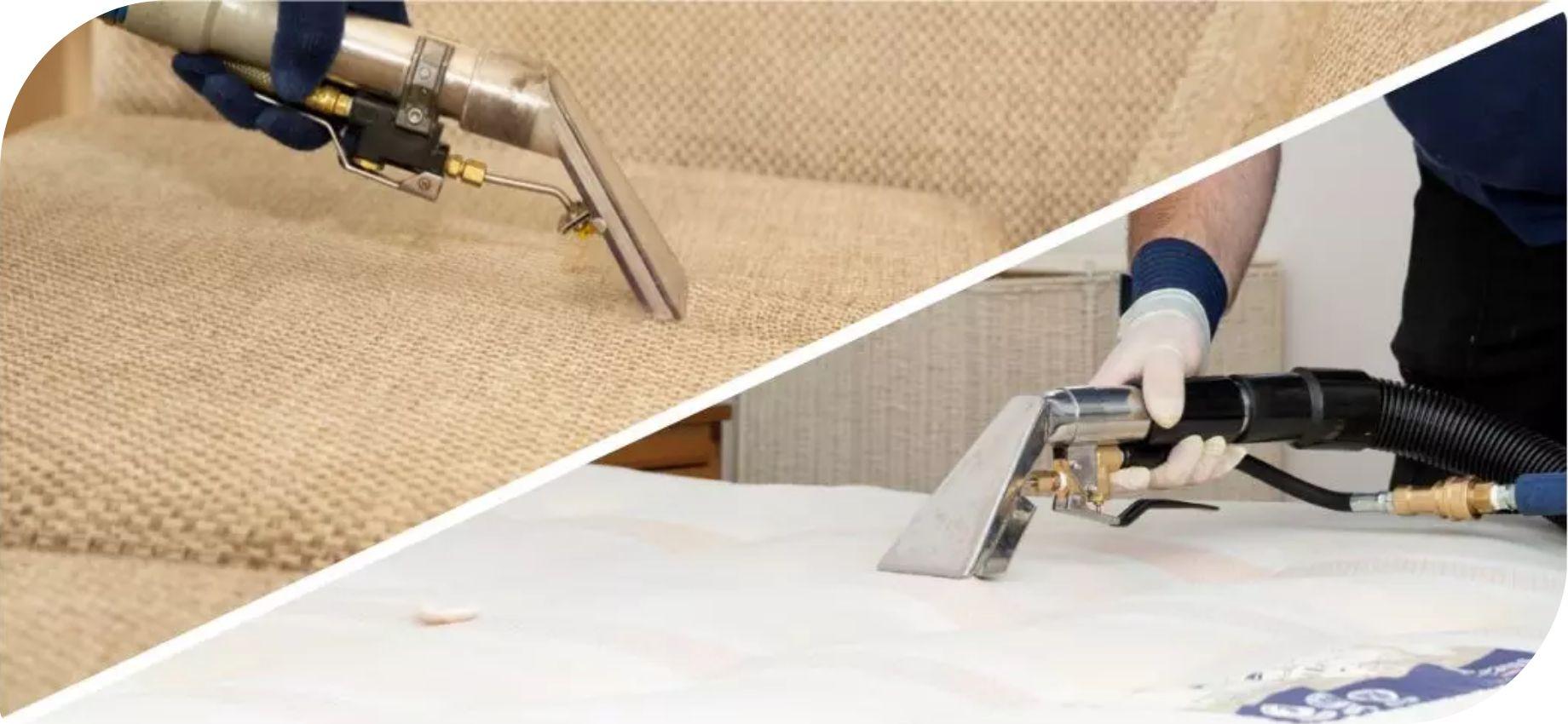 Collage of 2 pictures showing upholstery cleaning of a beige fabric sofa and a white mattress with specialized equipment.