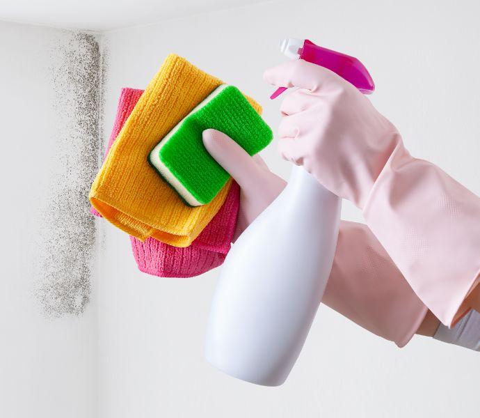 professional's hands wearing gloves and cleaning tools with mould in the background