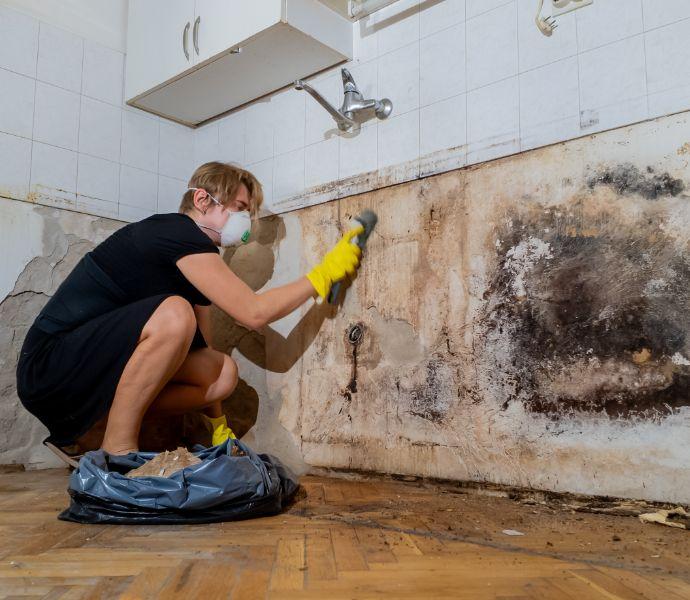 a mould removal expert wearing protective gear scrubbing mould from a wall