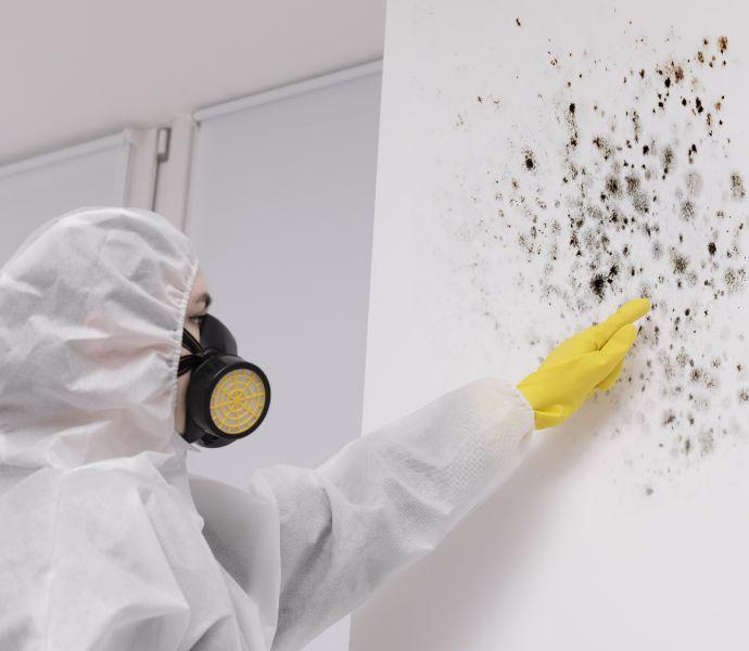 Mould remediation specialists in protective gear checking a wall with mould growth on it.