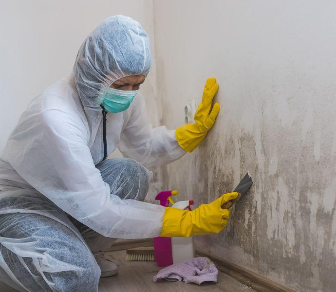 Mould specialist cleaning mould growth from a wall.