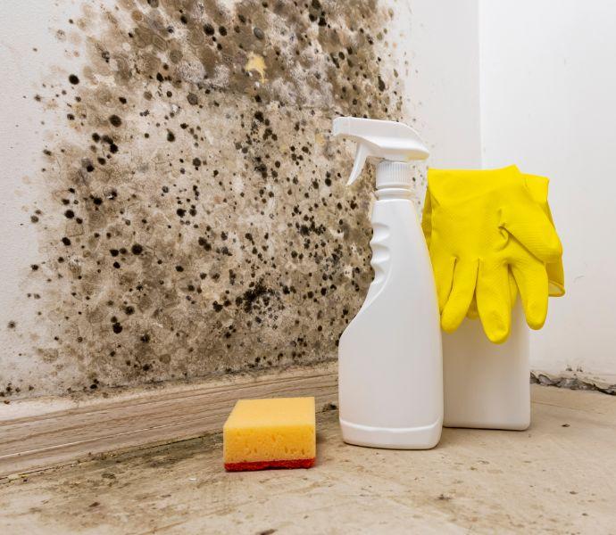 Mould cleaning products next to a wall with mould growth on it.