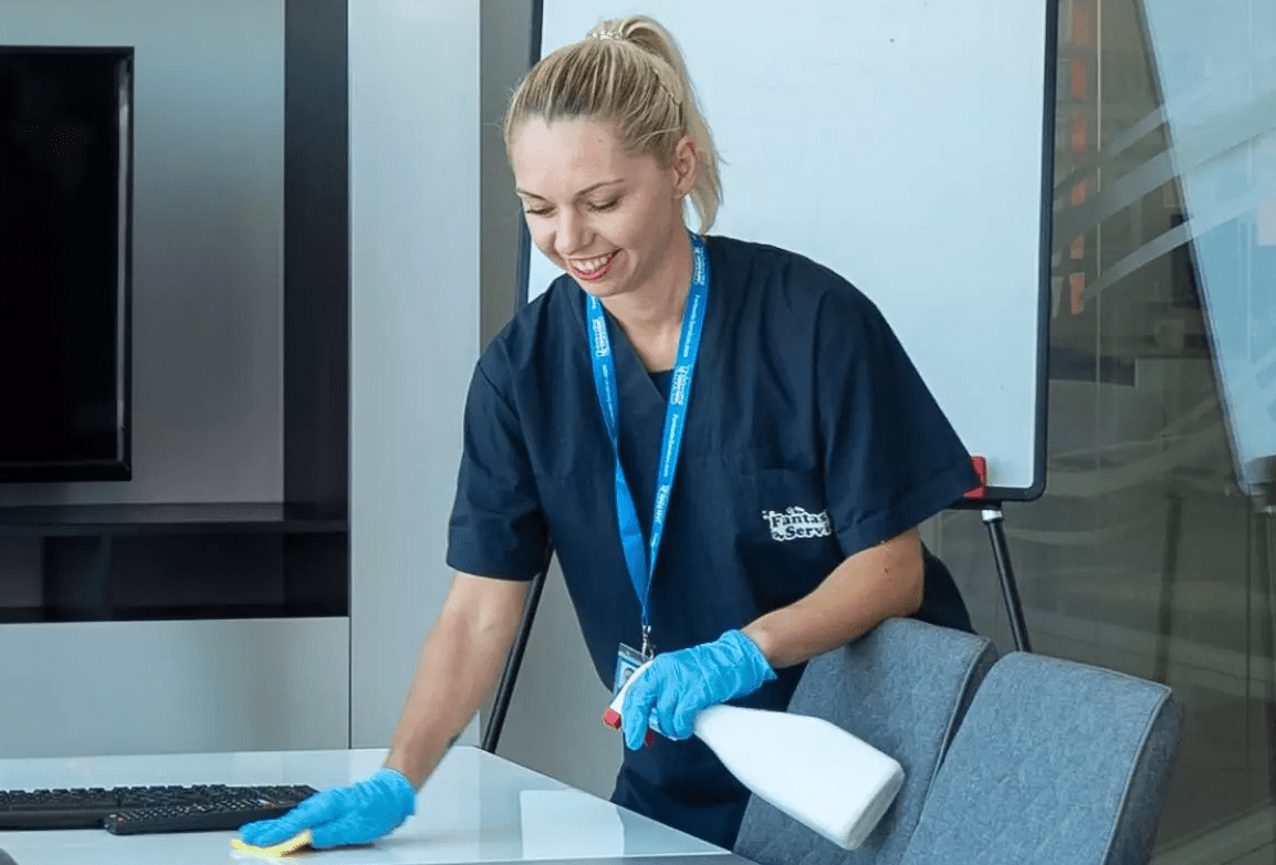 Domestic cleaner wiping a mirror