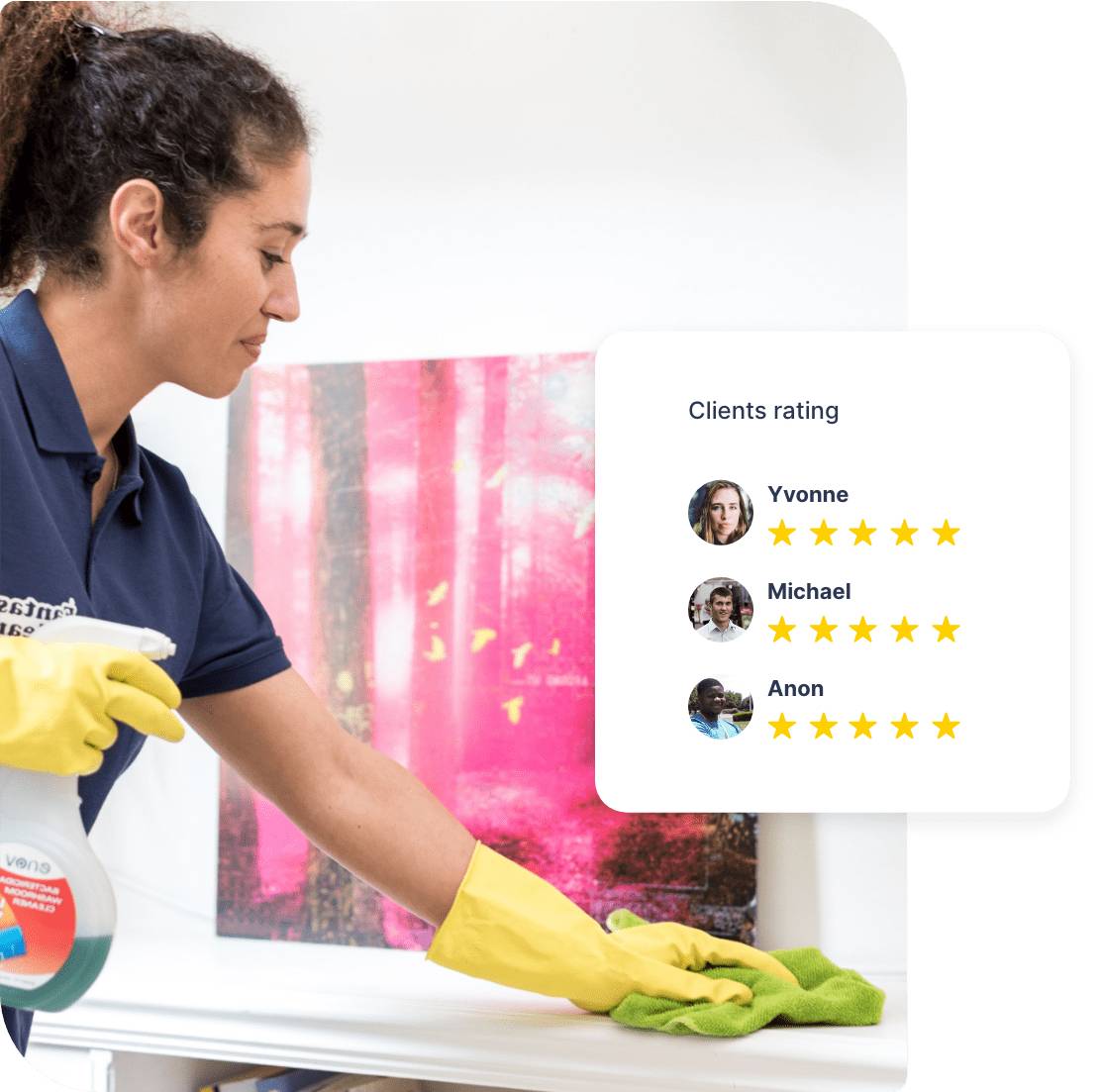 A woman in a Fantastic Services uniform cleans a table with a yellow glove, showcasing the excellent work of our cleaners Islington
